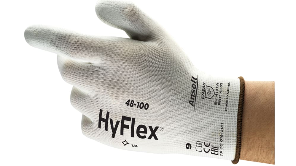 48100100 | Ansell HyFlex 48-100 White Nylon, Polyurethane Anti-Vibration  Gloves, Size 10, Polyurethane Coating | RS