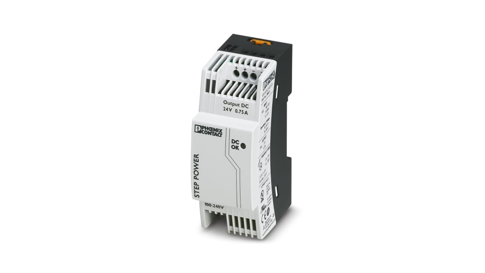 2868635, Phoenix Contact STEP-PS/1AC/24DC/0.75 Switch Mode DIN Rail Power  Supply, 85 → 264V ac ac Input, 24V dc dc