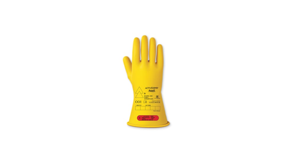 Ansell RIG011Y Yellow Latex Electrical Protection Electrical Insulating  Gloves, Size 9, Latex Coating