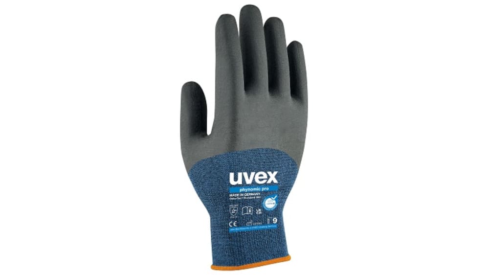 | Guantes de trabajo Uvex, talla 6 de Elastano, Poliamida Negro, Azul con recubrimiento de Polímero de agua, Resistencia | RS