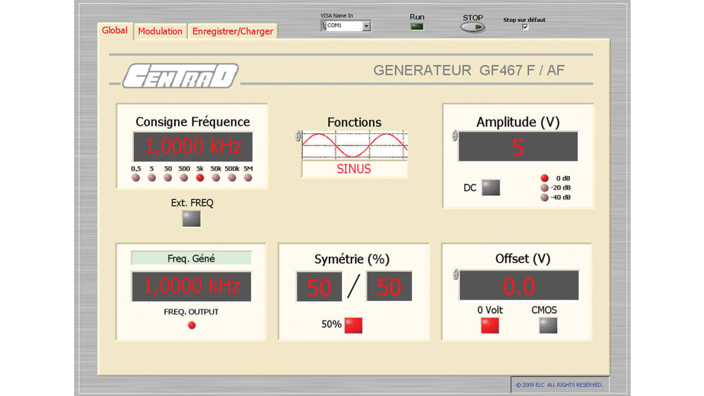 Générateur de fonction 0.01Hz à 5MHz + RS232, LabVIEW : GF467F