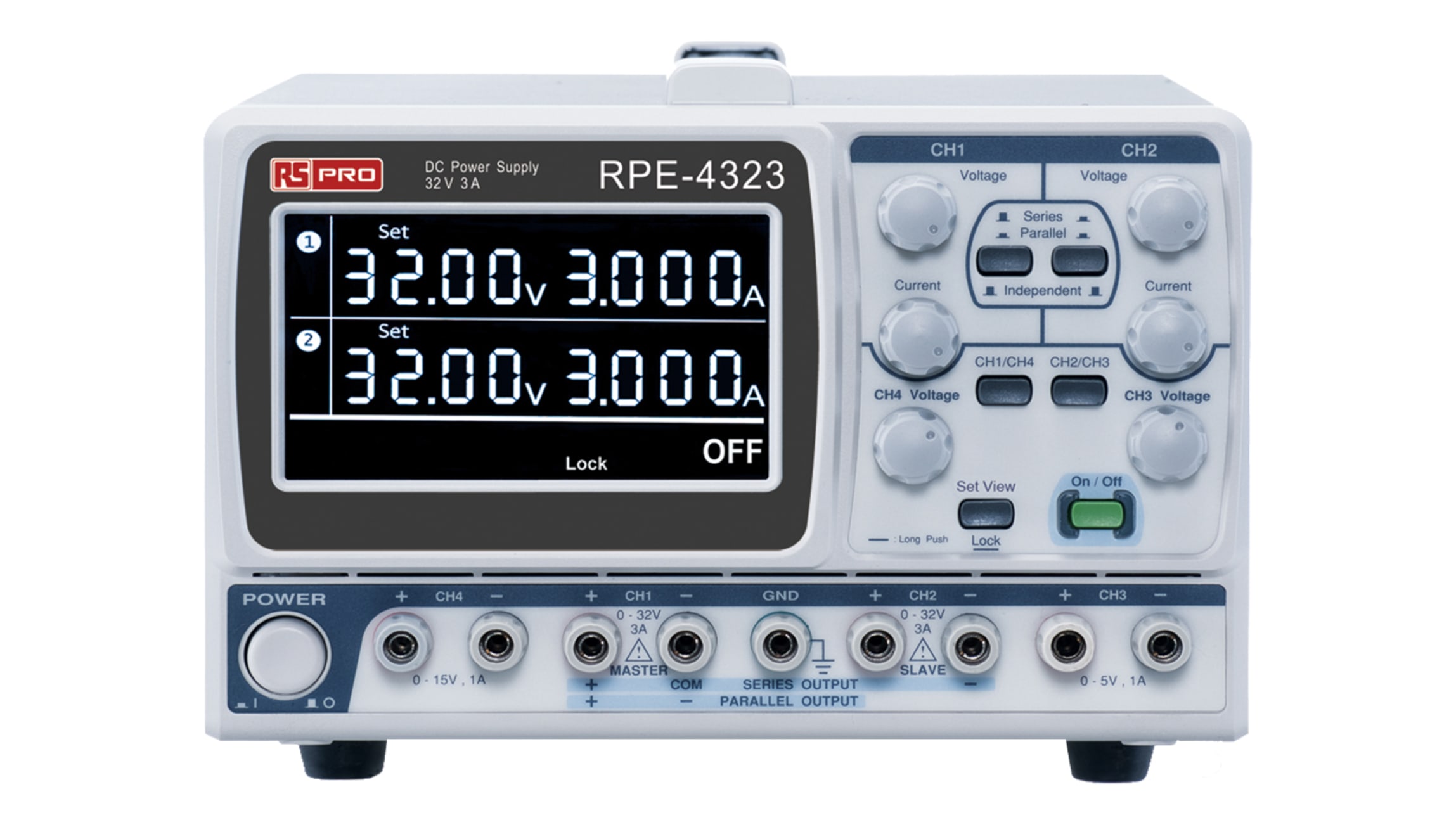 Alimentatore da banco RS PRO, 4 uscite, 0 → 15 (Channel 4) V dc, 0 → 32  (Channel 1) V dc, 0 → 32