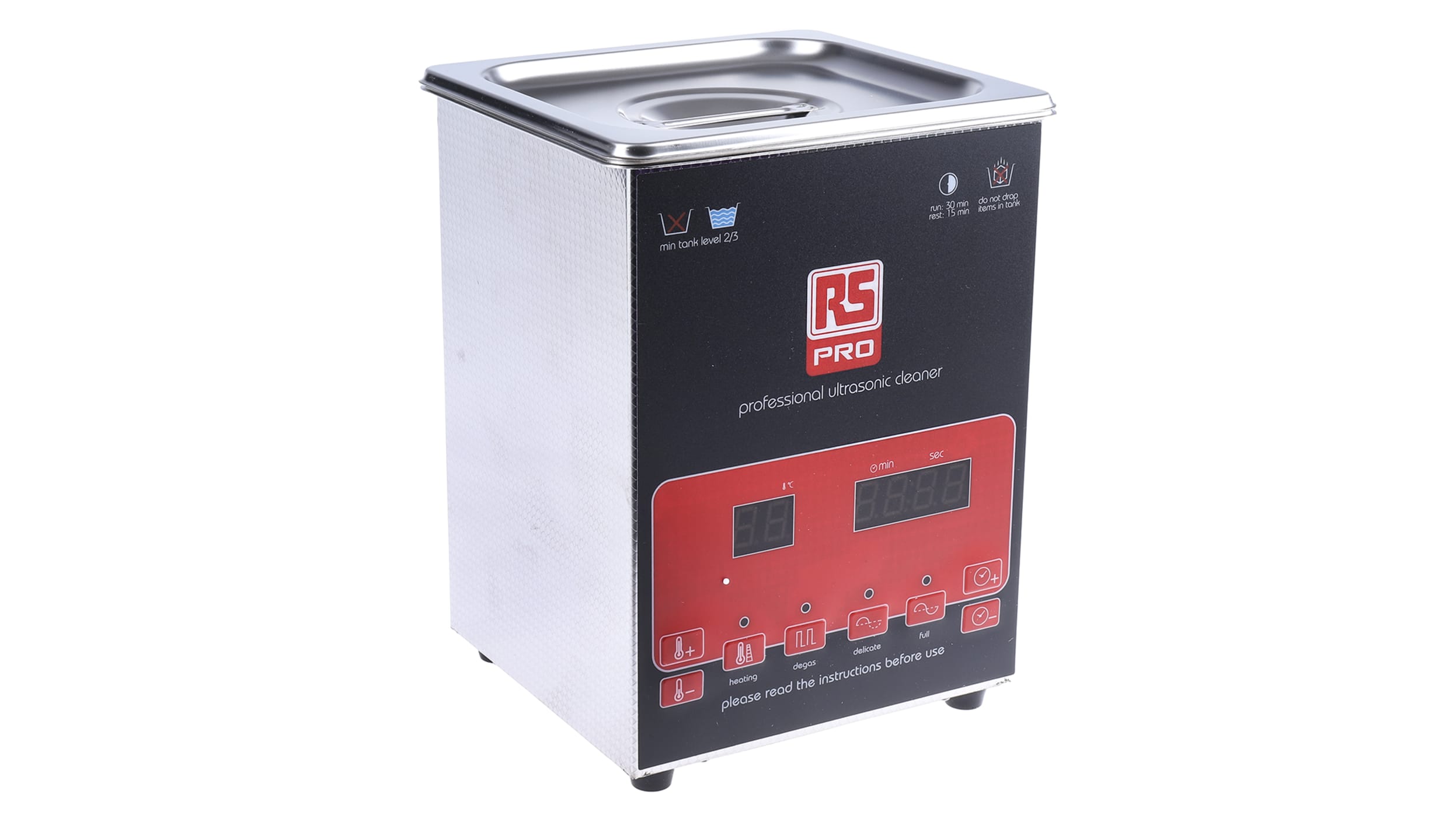 RS PRO - 1368566 - Digital Ultrasonic Cleaner 600mL Capacity 35W Heater  Power 35W Ultrasonic - RS