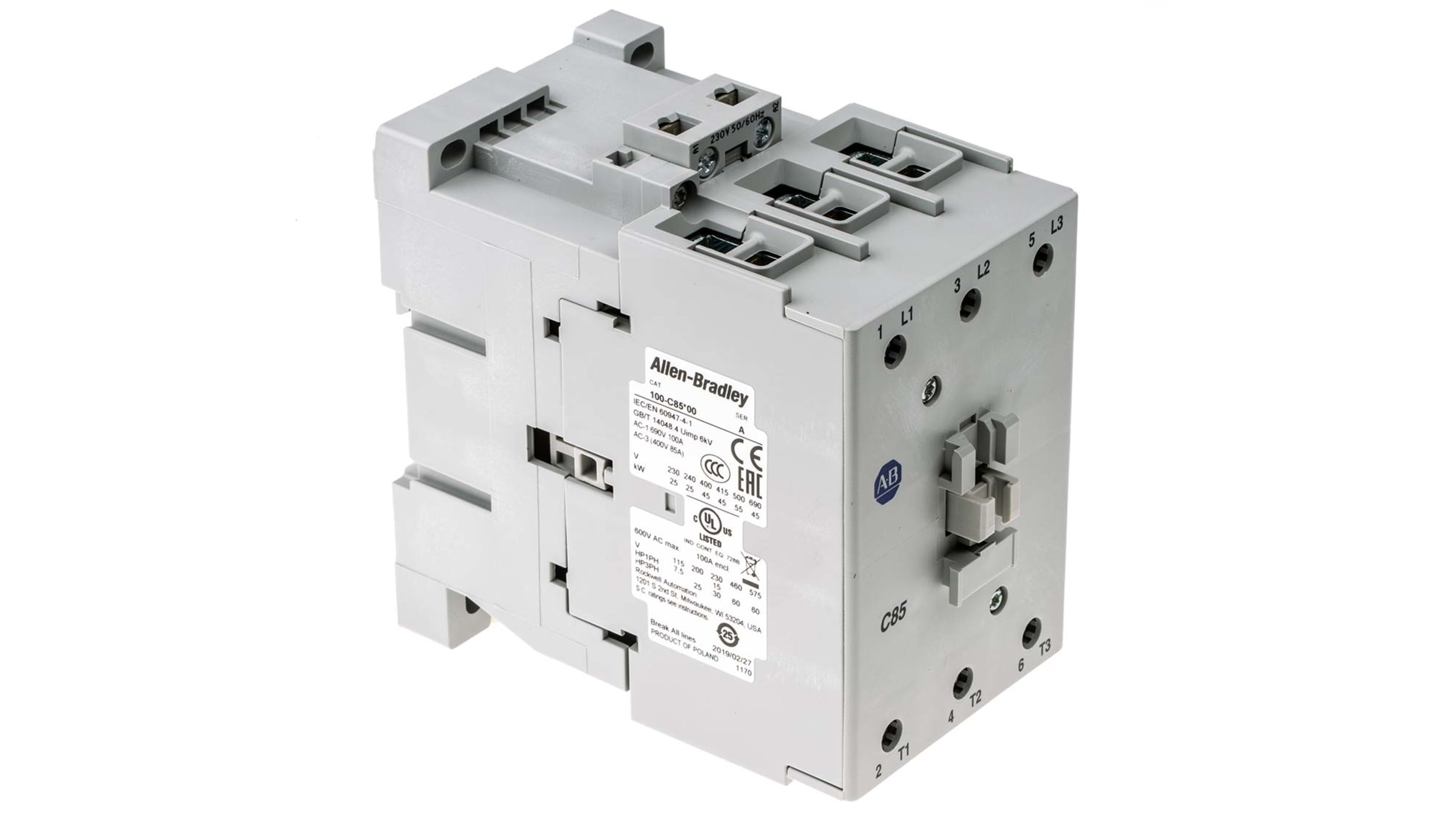 Allen Bradley 100C Series Contactor, 230 V ac Coil, 3-Pole, 30 A, 15 kW,  3NO, 690 V ac