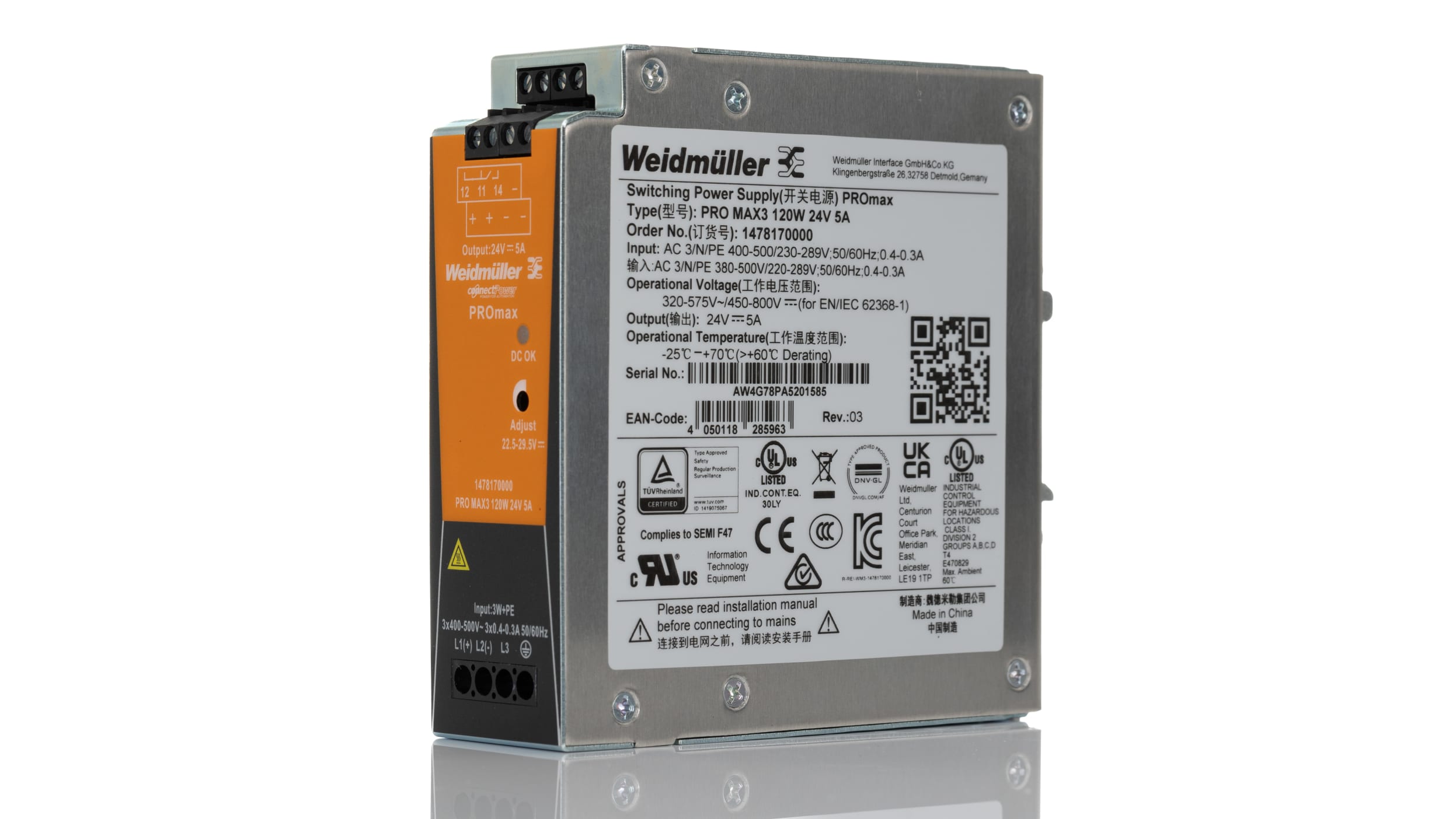 Weidmuller PRO MAX Switch Mode DIN Rail Power Supply dc Input 5A Output