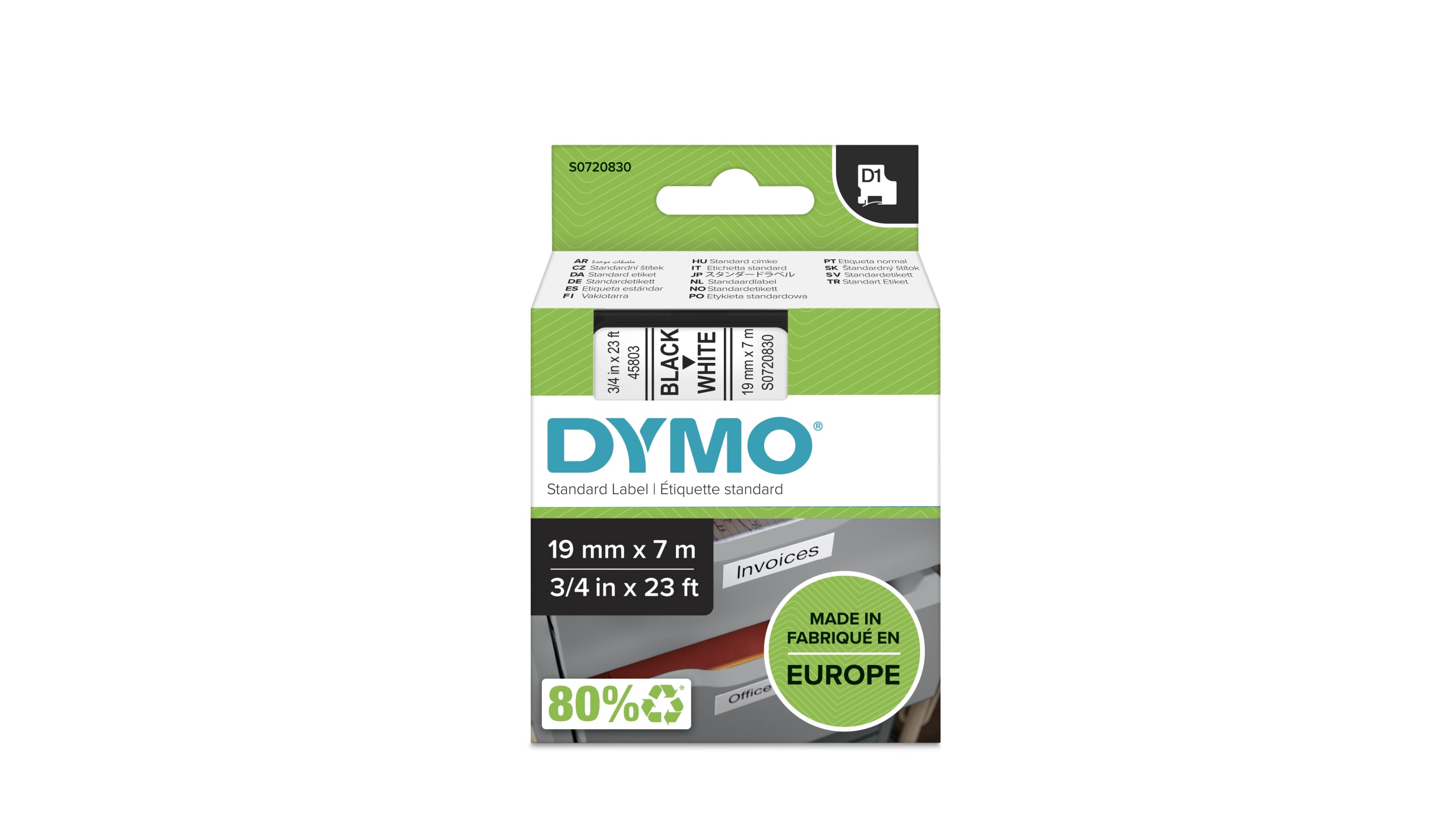 S0720830 Dymo Black on White Label Printer Tape, m Length, 19 mm Width  RS