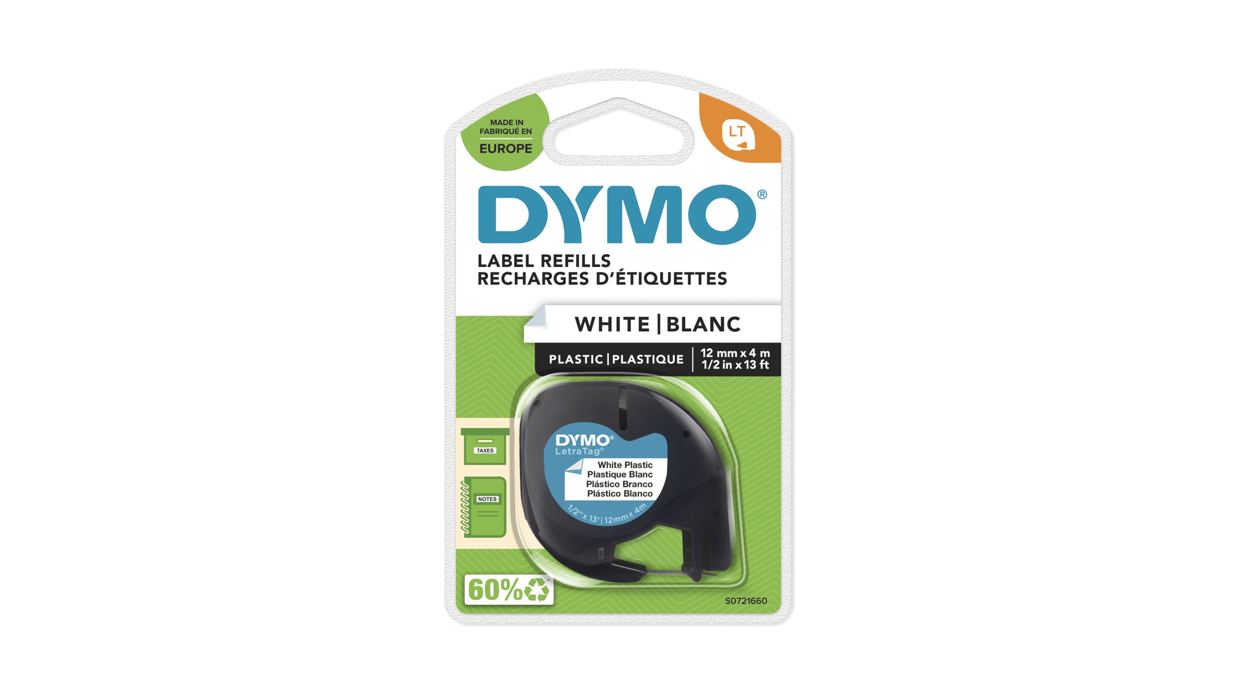 Dymo Cassettes ruban LT, S0721660, 4 m, 12 mm, blanc, plastique