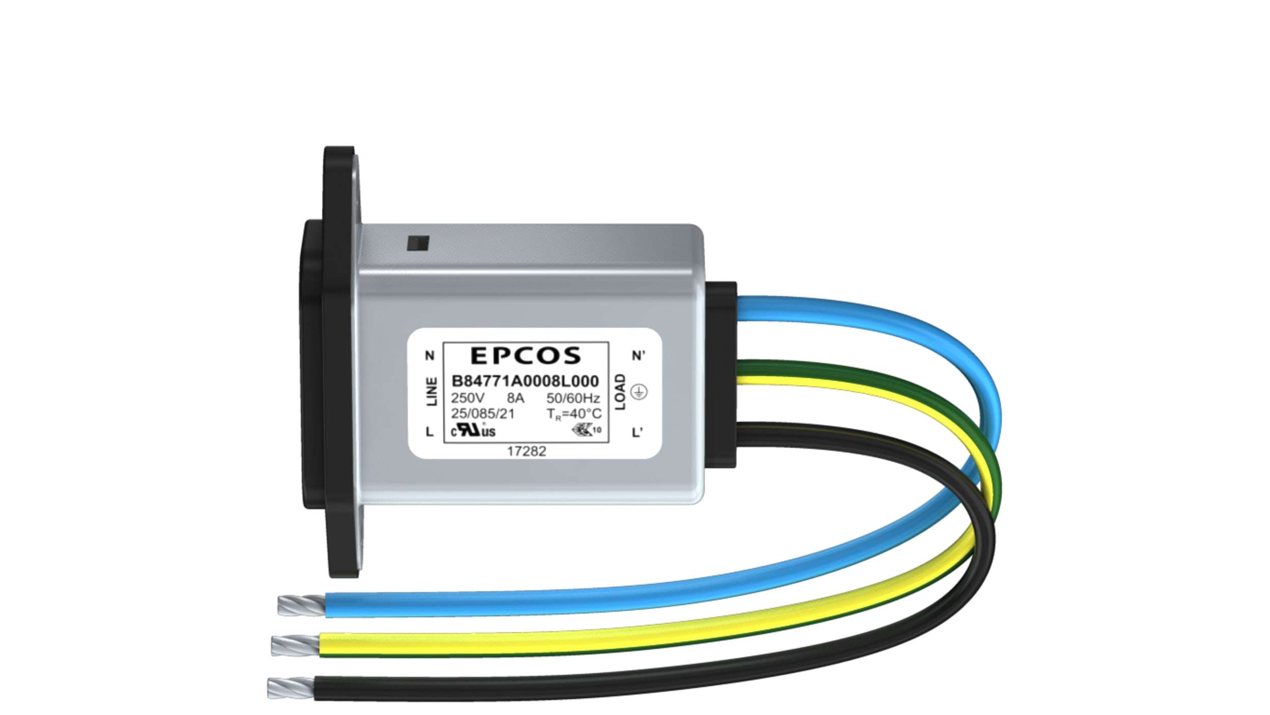 B84771A0008L000, EPCOS C14 IEC-Anschlussfilter Stecker, 250 V ac/dc / 8A,  Tafelmontage / Drahtanschluss