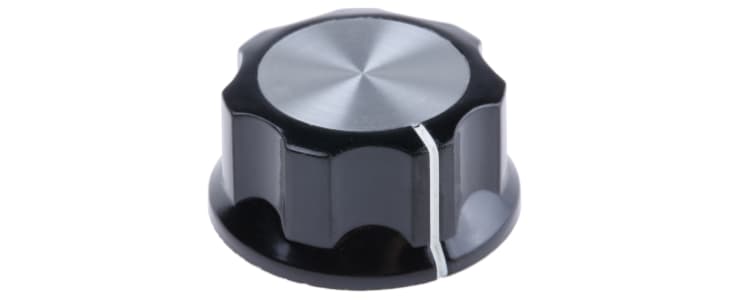 TE Connectivity 33mm Black Potentiometer Knob for 6.35mm Shaft Splined, PKES120B1/4