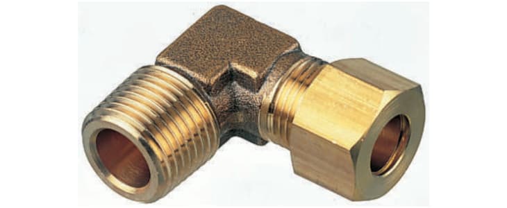 Legris Brass Pipe Fitting, 90° Compression Elbow, Male R 1/4in to Female 10mm