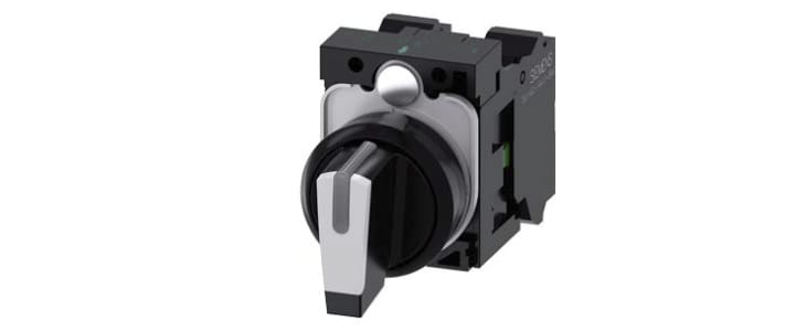 Siemens Short Black Handle Selector Switch - (SPDT) 22mm Cutout Diameter, Illuminated 3 Positions