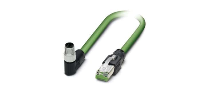 Phoenix Contact Cat5 Right Angle Male M8 to Straight Male RJ45 Ethernet Cable, STP, Green Polyurethane Sheath, 2m