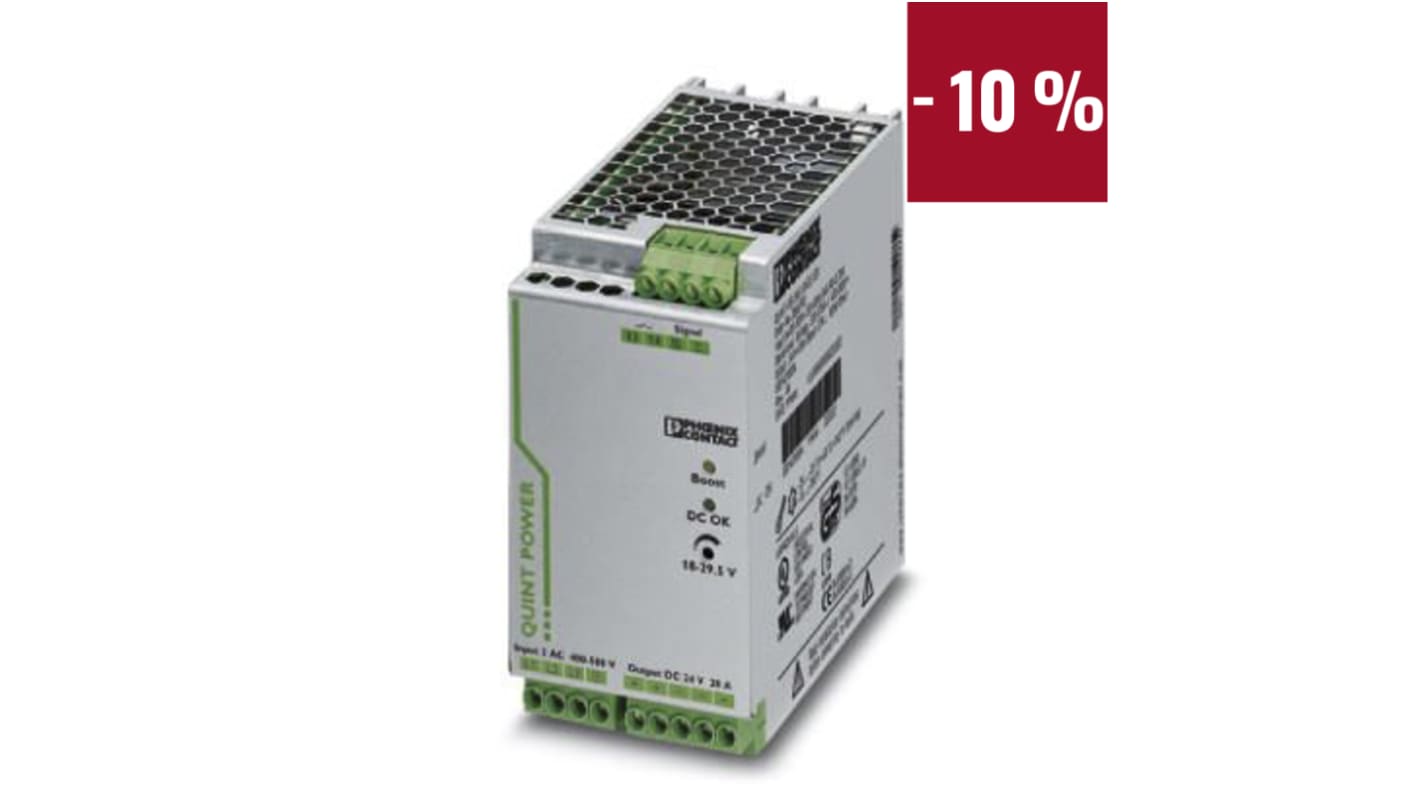 Phoenix Contact QUINT-PS/3AC/24DC/20 Switched Mode DIN Rail Power Supply, 400V ac ac Input, 24V dc dc Output, 20A