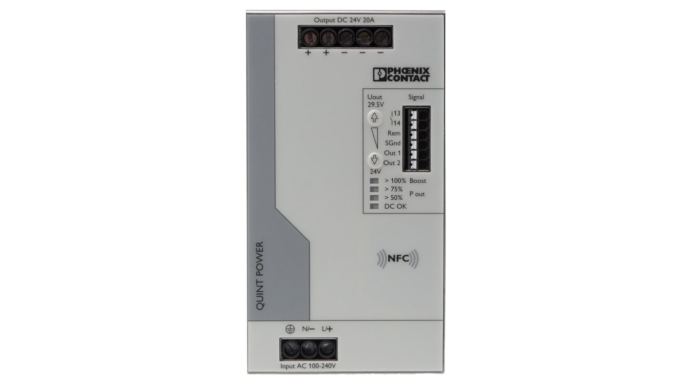 Phoenix Contact QUINT4-PS/1AC/24DC/20 Switched Mode DIN Rail Power Supply, 100 → 240 V ac / 110 → 250V dc