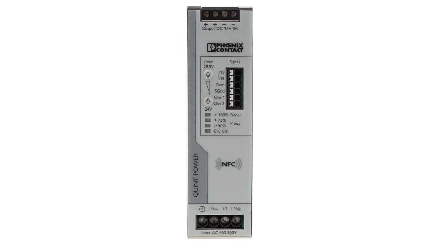 Phoenix Contact QUINT POWER Switched Mode DIN Rail Power Supply, 400V ac ac Input, 24V dc dc Output, 5A Output, 120W