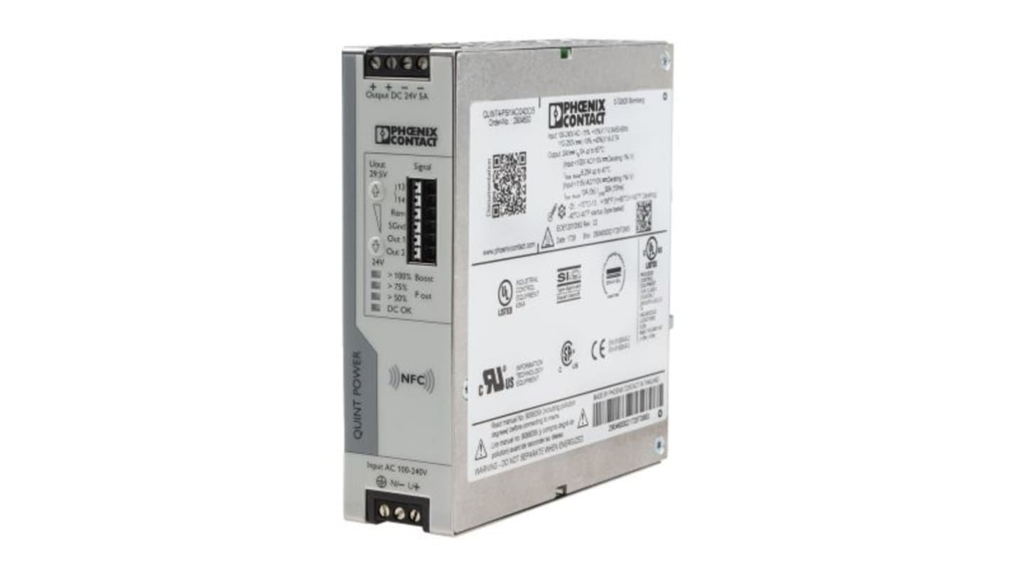 Phoenix Contact QUINT POWER Switched Mode DIN Rail Power Supply, 100 → 240V ac ac Input, 24V dc dc Output, 5A