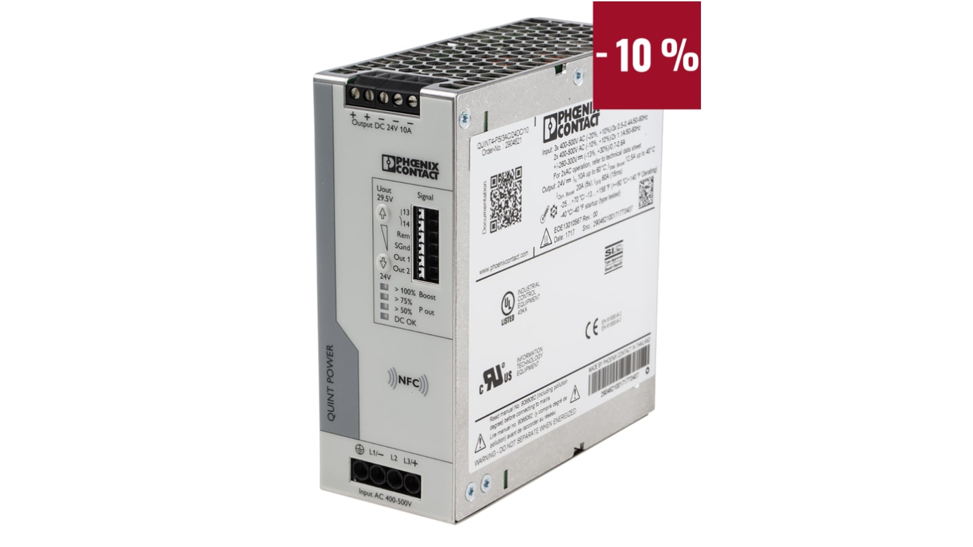Phoenix Contact QUINT POWER Switched Mode DIN Rail Power Supply, 400V ac ac Input, 24V dc dc Output, 10A Output, 240W