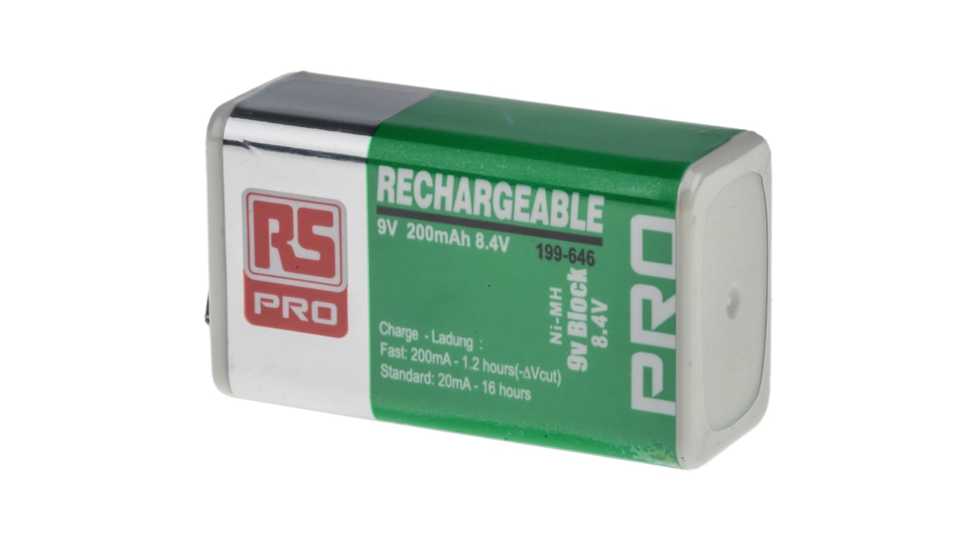 Pila 9V recargable NiMH, , 200mAh, terminal