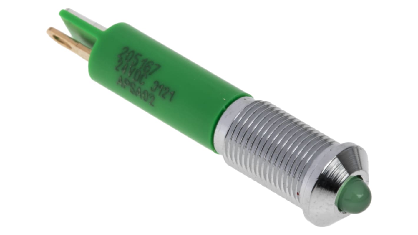 RS PRO Green Panel Mount Indicator, 24V dc, 6mm Mounting Hole Size, Solder Tab Termination