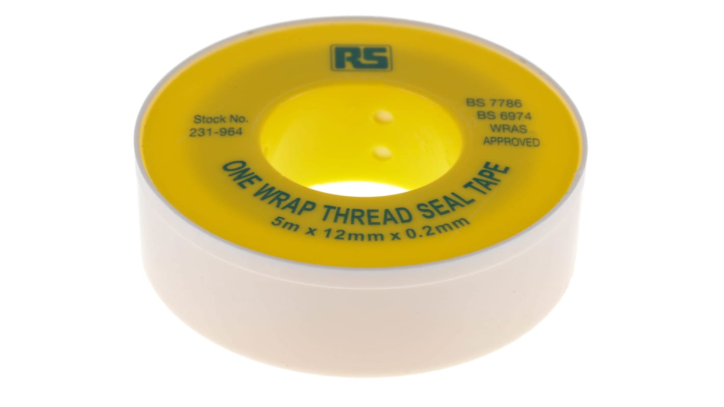 RS PRO, PTFE-tape, 5m, Bredde: 12mm, Hvid Farve