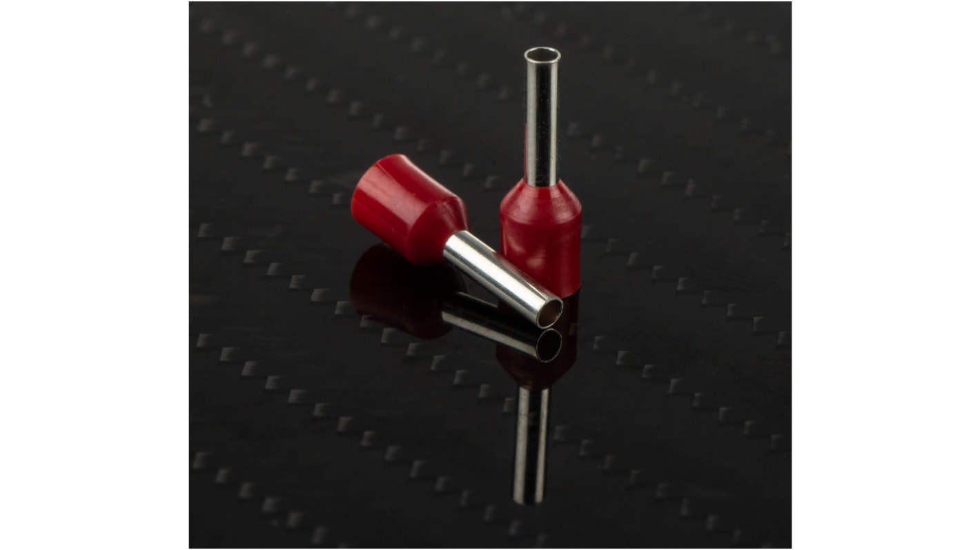 RS PRO Insulated Crimp Bootlace Ferrule, 8mm Pin Length, 2mm Pin Diameter, 1.5mm² Wire Size, Red