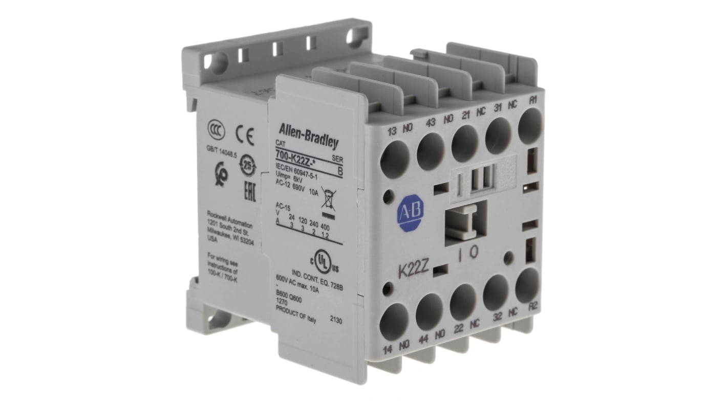 Stycznik 24 V dc Allen Bradley styki: 4 10 A 2NC + 2NO Montaż na szynie DIN, montaż na płycie Śruba 700-K22Z-DJ