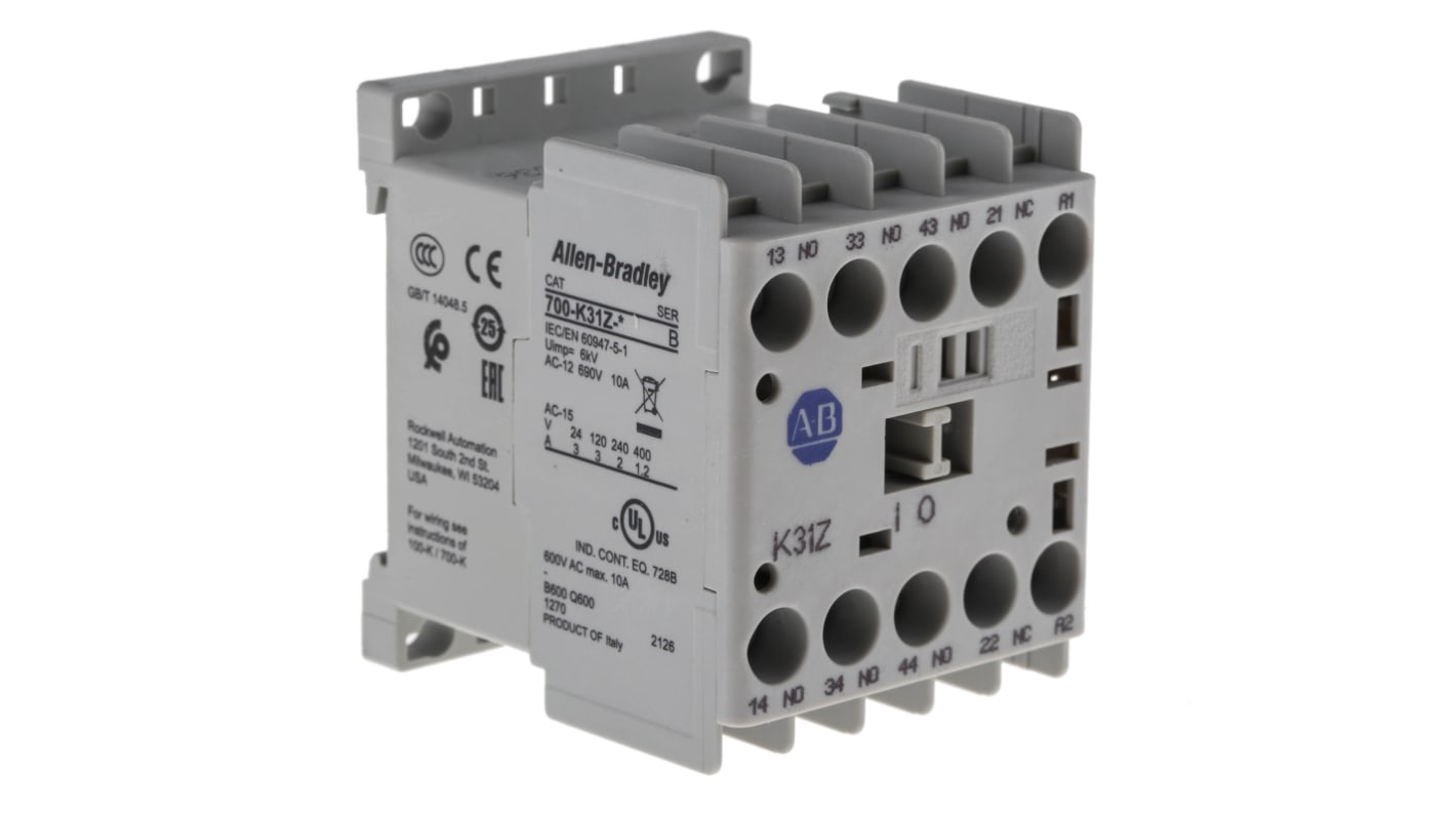 Contactor Allen Bradley Serie 700 700K de 4 polos, 3NO + 1NC, 10 A, bobina 24 V dc