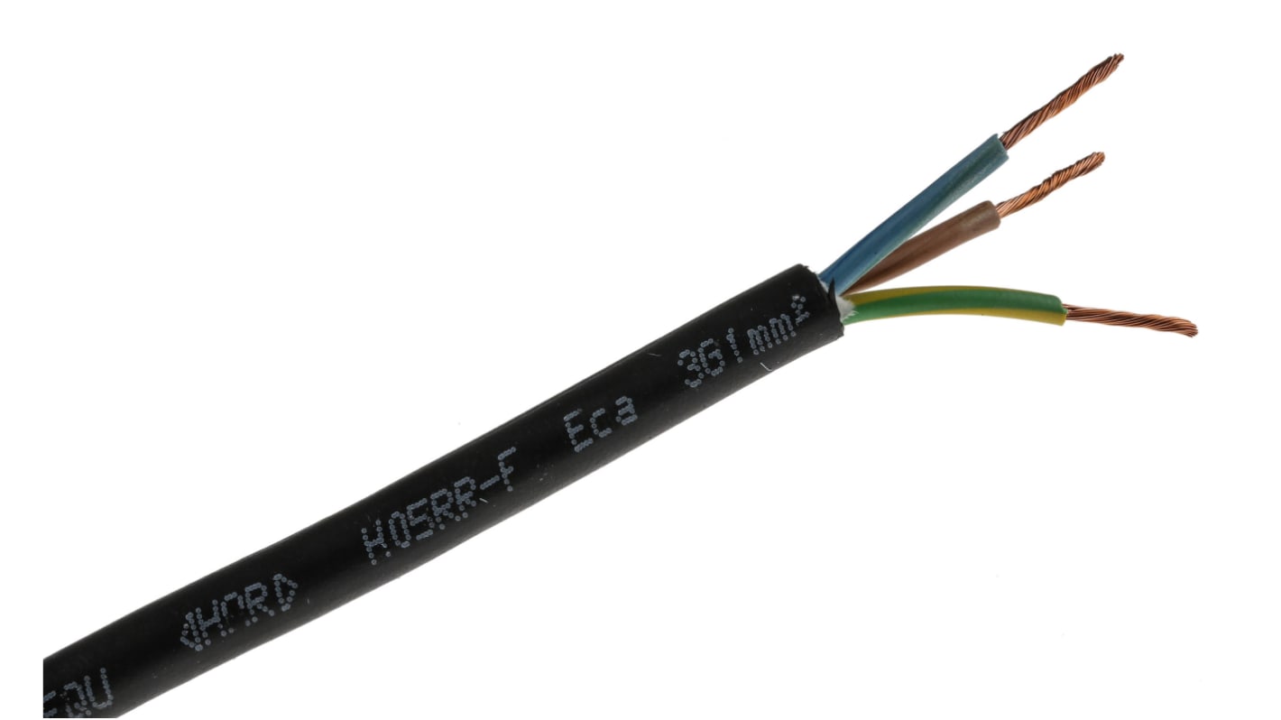 RS PRO Netzkabel, 3-adrig Typ 318-TRS Schwarz x 1 mm /Ø 8.5mm 13,5 A 50m, 300 V, 500 V, Gummi