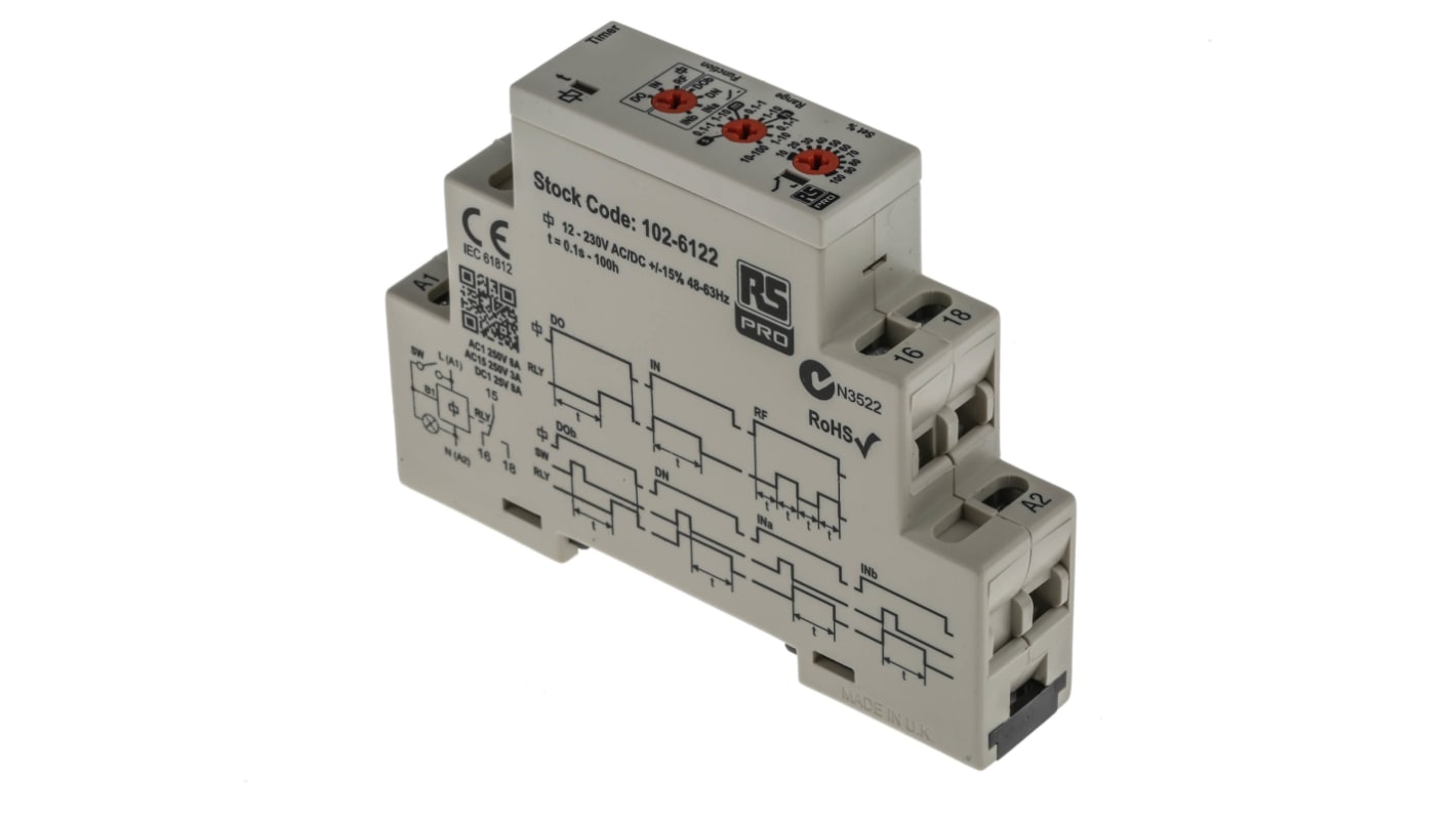 RS PRO DIN Rail Mount Timer Relay, 12 → 230V ac/dc, 0.1 s → 100h, SPDT RS
