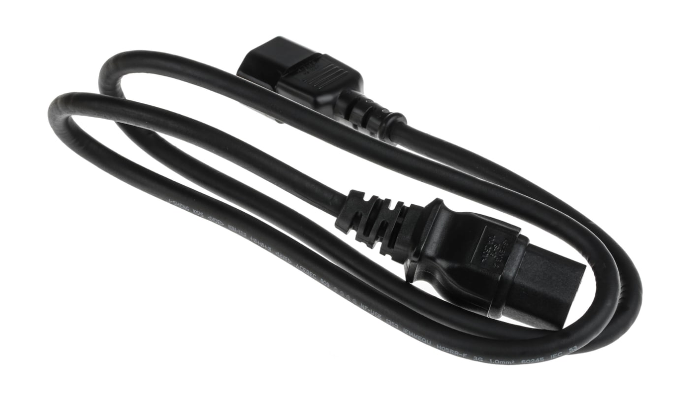 Cable de alimentación RS PRO Negro de 1m, con. A IEC C14, macho, con. B IEC C15, hembra