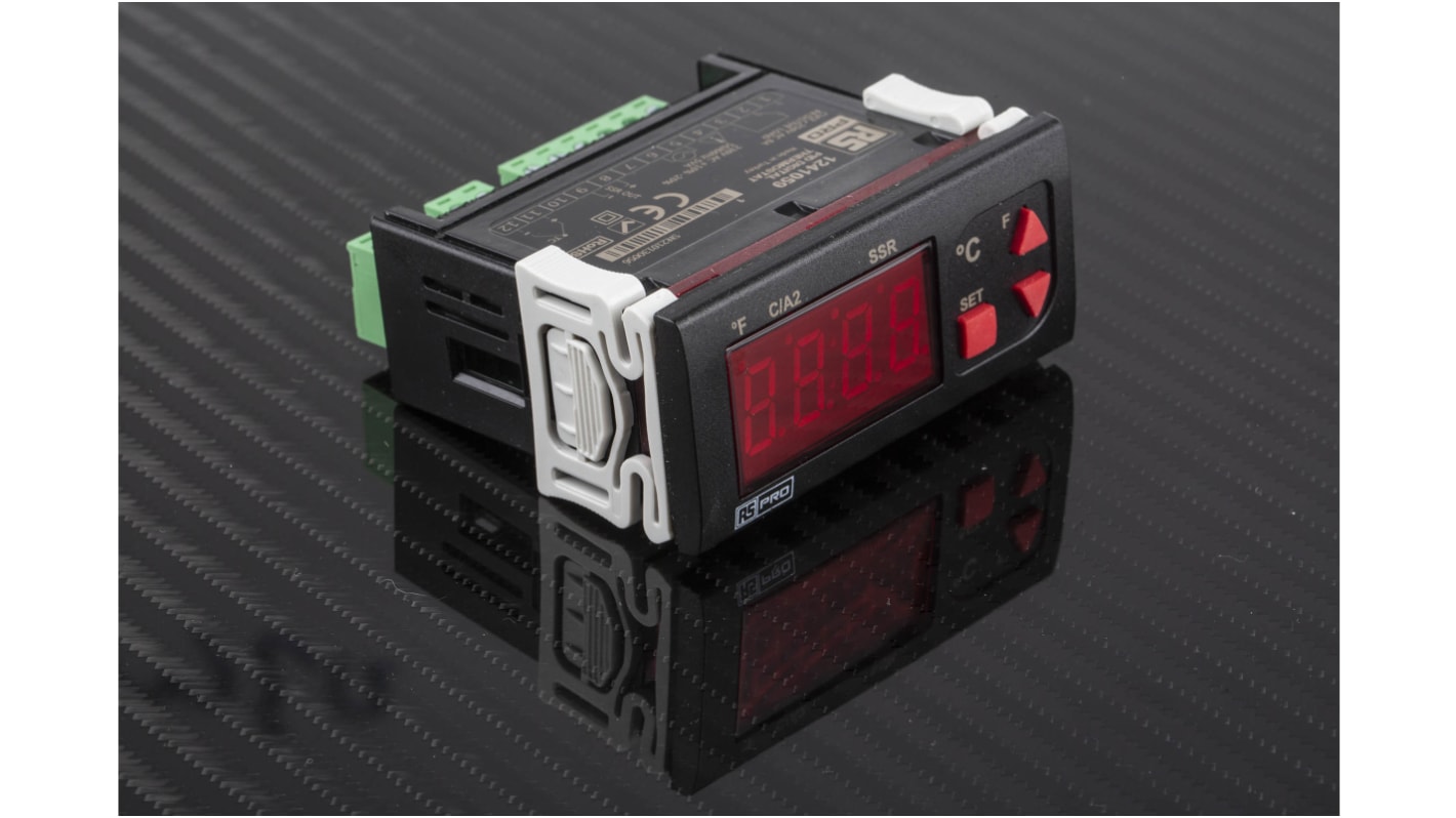 Controlador de temperatura ON/OFF RS PRO, 77 x 35mm, 230 V ac, 1 entrada Termopar, 2 salidas Relé, SSR
