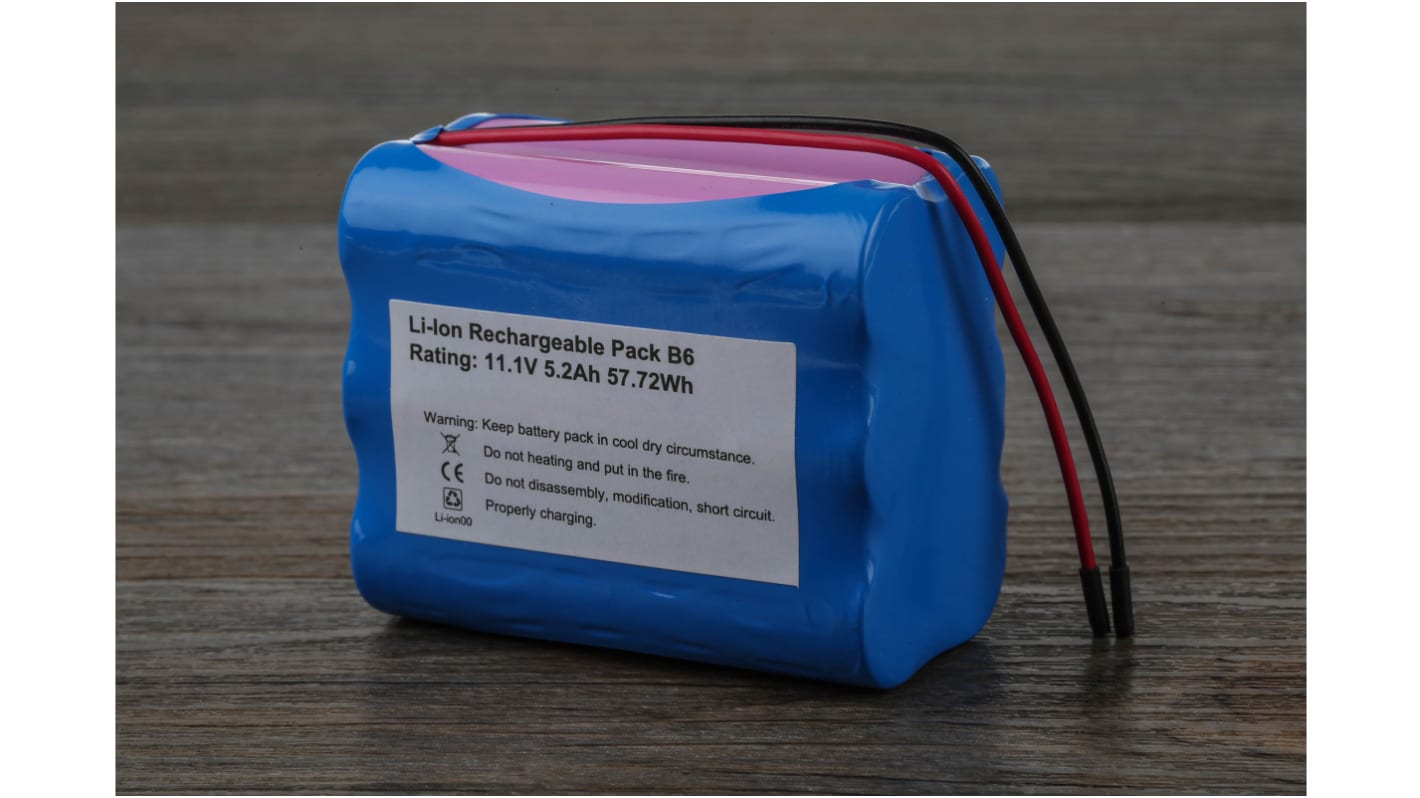 Pacco batterie ricaricabile RS PRO, formato 55 x 68 x 41 mm, 6 celle, 11.1V, 5.2Ah, Ioni di litio