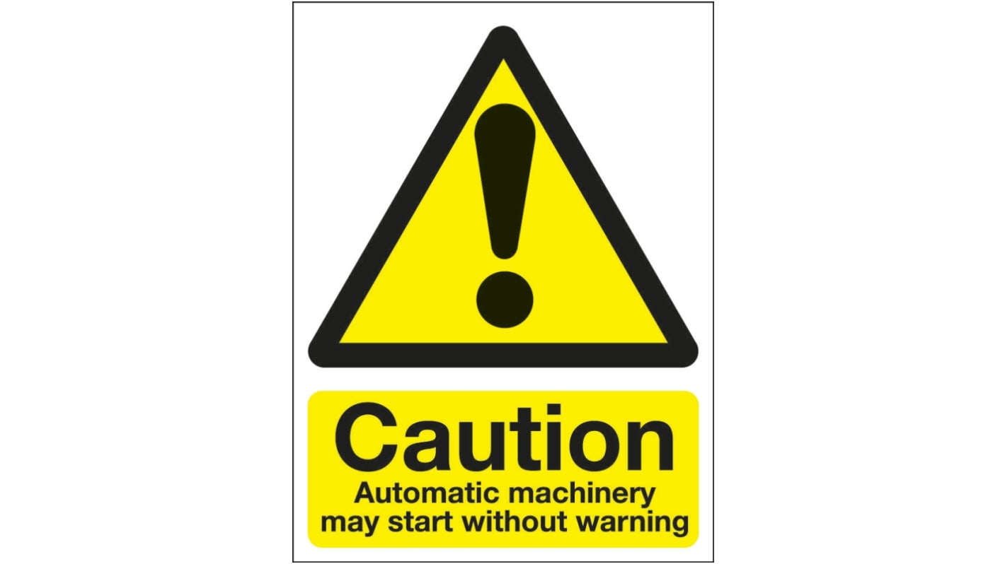 Signs & Labels Black/Yellow PVC Safety Labels, Caution Automatic Machinery May Start Without Warning-Text 400 mm x 300mm