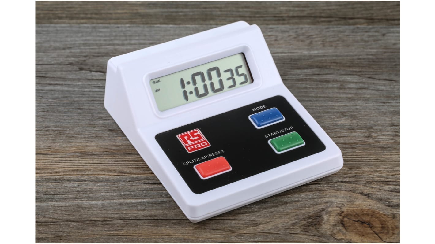 RS PRO Digital Timer, Desktop-Timer, 1/100s,  Batteriebetrieben, Weiß