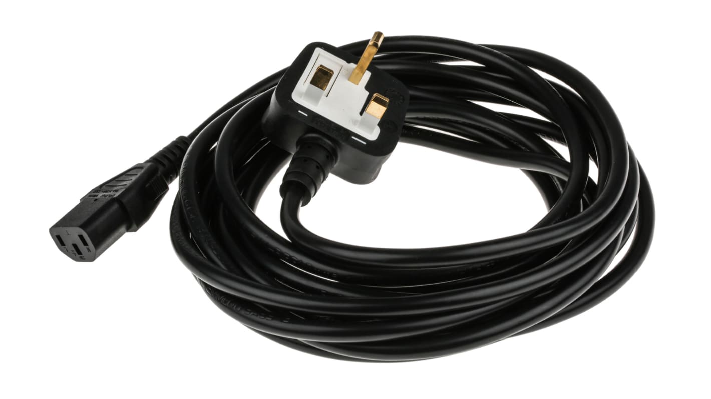 Cable de alimentación RS PRO Negro de 5m, con. A IEC C13, hembra, con. B Conector macho para Reino Unido tipo G, macho,