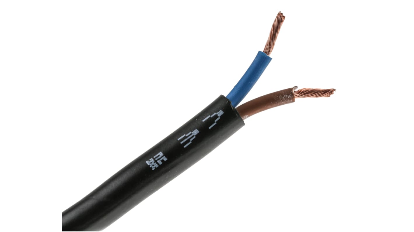 RS PRO Netzkabel, 2-adrig Typ 3182Y Schwarz x 2,5 mm² /Ø 8.86mm 25 A, 100m, 300 V, 500 V, PVC