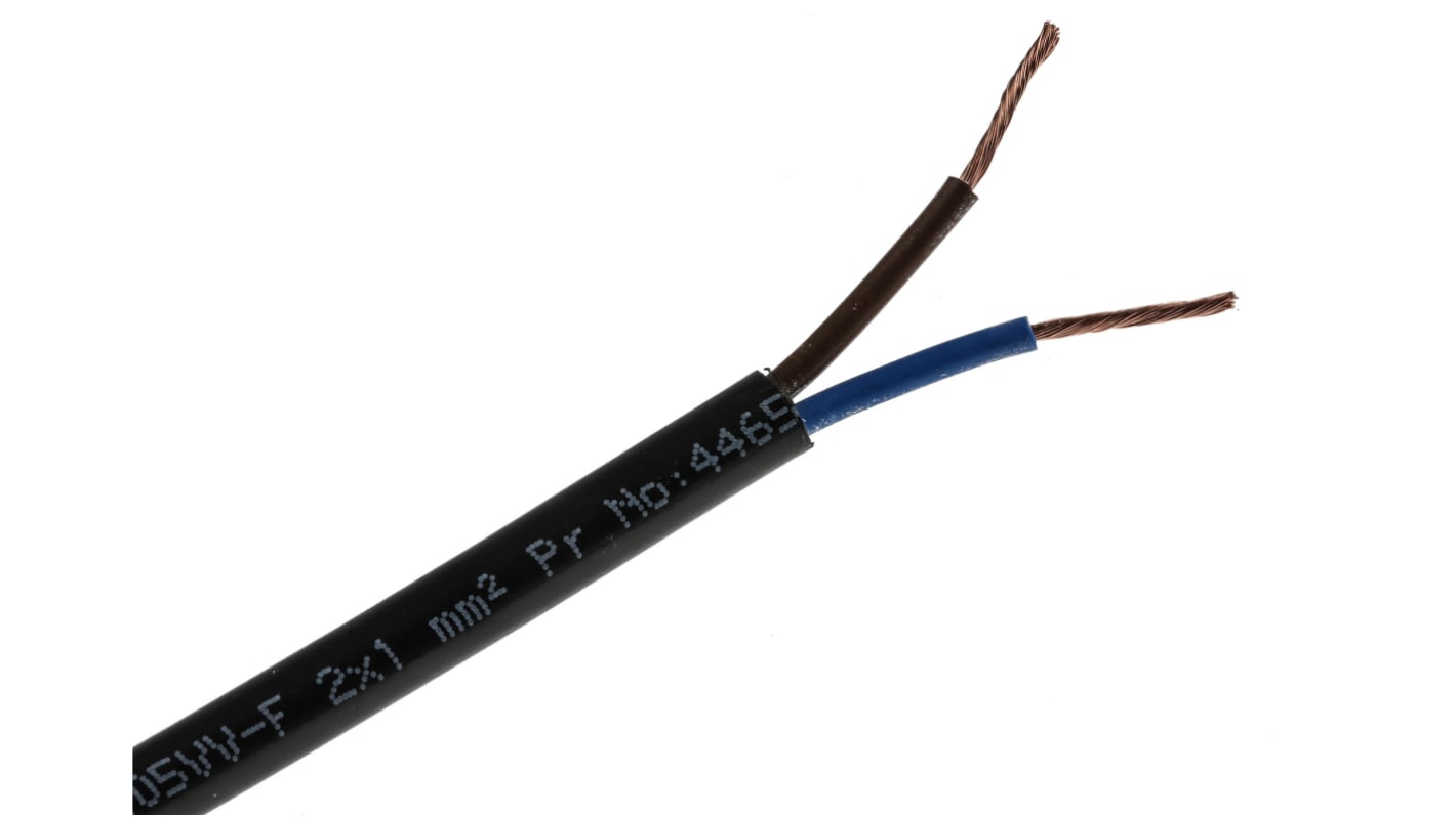 Cable de alimentación 3182Y H05VV-F RS PRO de 2 núcleos, 1 mm², Ø ext. 6.39mm, long. 100m, 300 V, 500 V / 10 A, funda