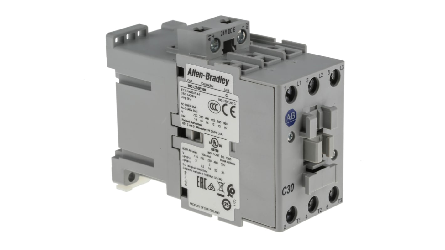 100-C30EJ00, Allen Bradley 100C Series Contactor, 24 V dc Coil, 3-Pole, 30  A, 15 kW, 3NO, 690 V ac