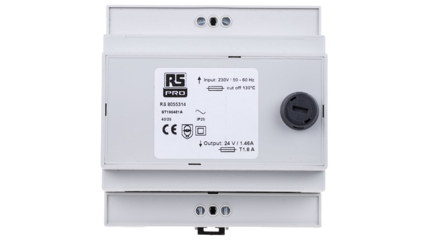 RS PRO 35VA DIN Rail Transformer, IEC 61558-2-6, 230V ac Primary, 24V ac Secondary