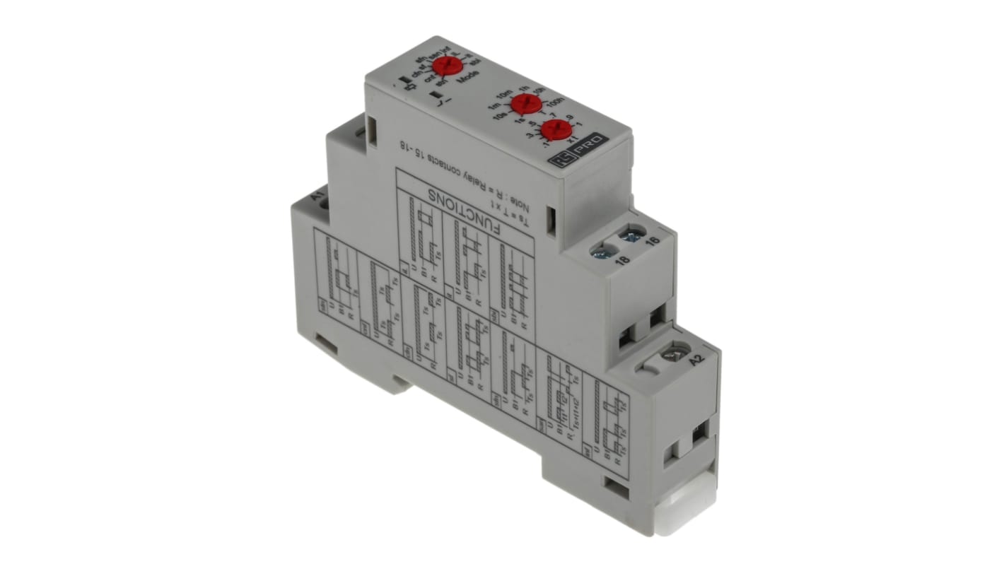 RS PRO DIN Rail Mount Timer Relay, 12 → 240V ac/dc, 1Contact, 0.1 s →