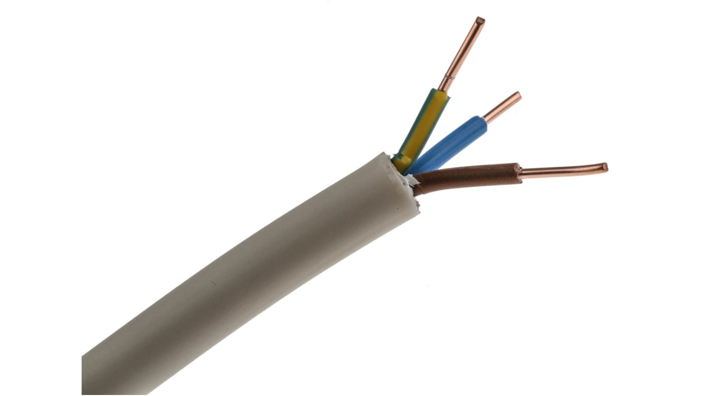 Cable de alimentación RS PRO de 3 núcleos, 1.5 mm², Ø ext. 10.5mm, long. 50m, 500 V, funda de PVC, Gris, Pirorretardante
