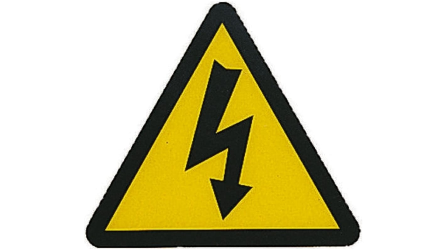 Señal de advertencia con pictograma: Peligro, texto en: Inglés "Electric Flash", 50mm x 50 mm