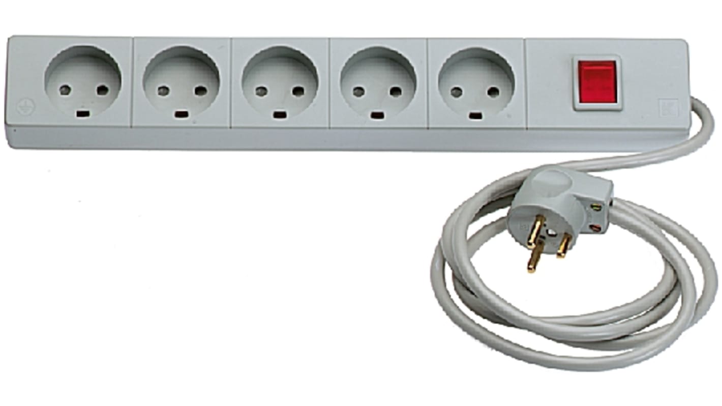 Regleta de enchufes LK, con interruptor, long. cable 1.5m, 5 tomas Tipo K - Danés, 250 V ac, 10A