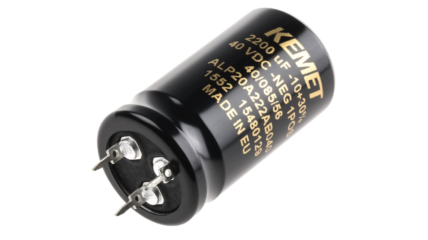 KEMET 2200μF Aluminium Electrolytic Capacitor 40V dc, PCB Mount - ALP20A222AB040