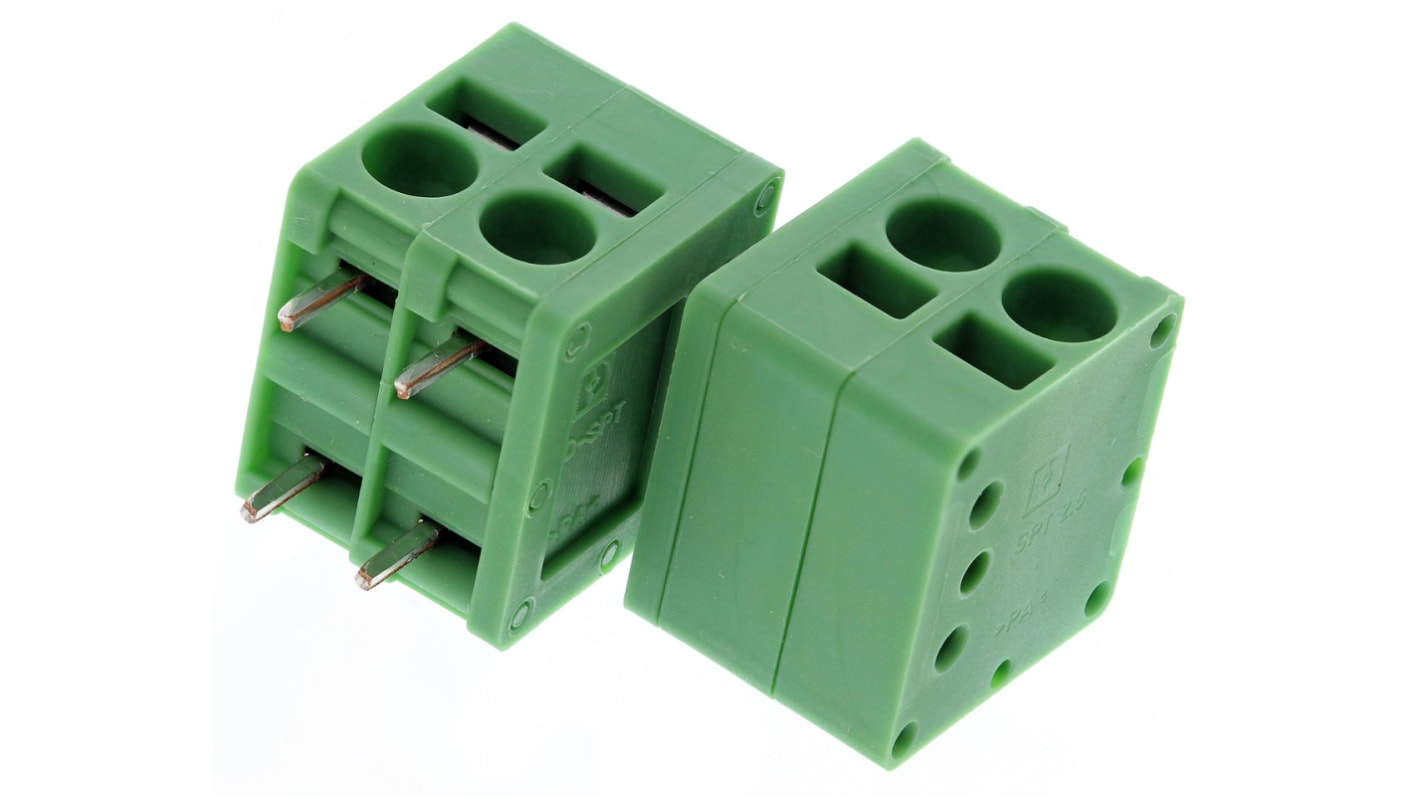 Phoenix Contact SPT 2.5/ 2-H-5.0 Series PCB Terminal Block, 2-Contact, 5mm Pitch, Through Hole Mount, 1-Row, Spring
