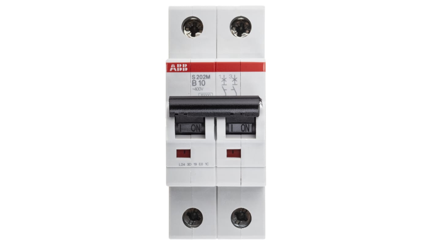 ABB System Pro M Compact S200M MCB, 2P, 10A Curve B, 440V AC, 125V DC, 10 kA Breaking Capacity