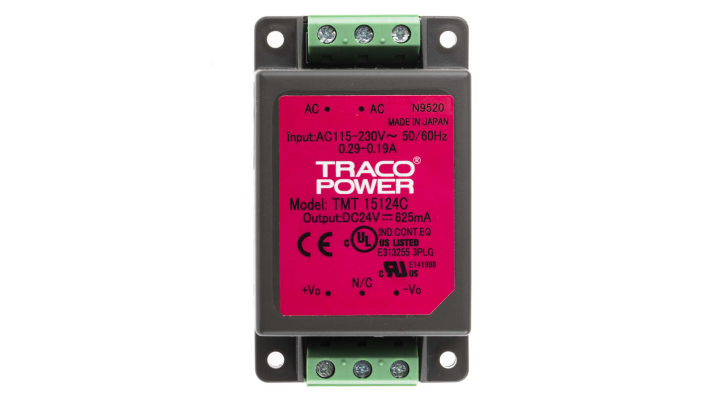 TRACOPOWER Switching Power Supply, TMT 15124C, 24V dc, 625mA, 15W, 1 Output, 85 → 264 V ac, 85 → 370 V dc