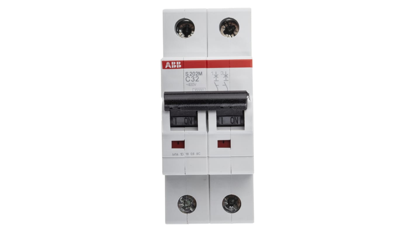 ABB System Pro M Compact S200M MCB, 2P Poles, 32A Curve C, 440V AC, 125V DC, 10 kA Breaking Capacity, MCB