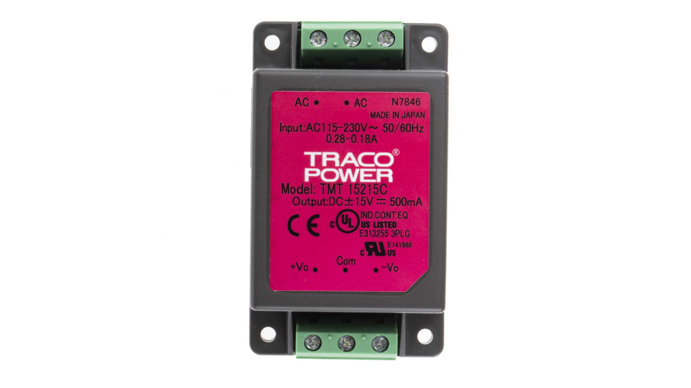 TRACOPOWER Switching Power Supply, TMT 15215C, ±15V dc, 500mA, 15W, Dual Output, 85 → 264 V ac, 85 → 370