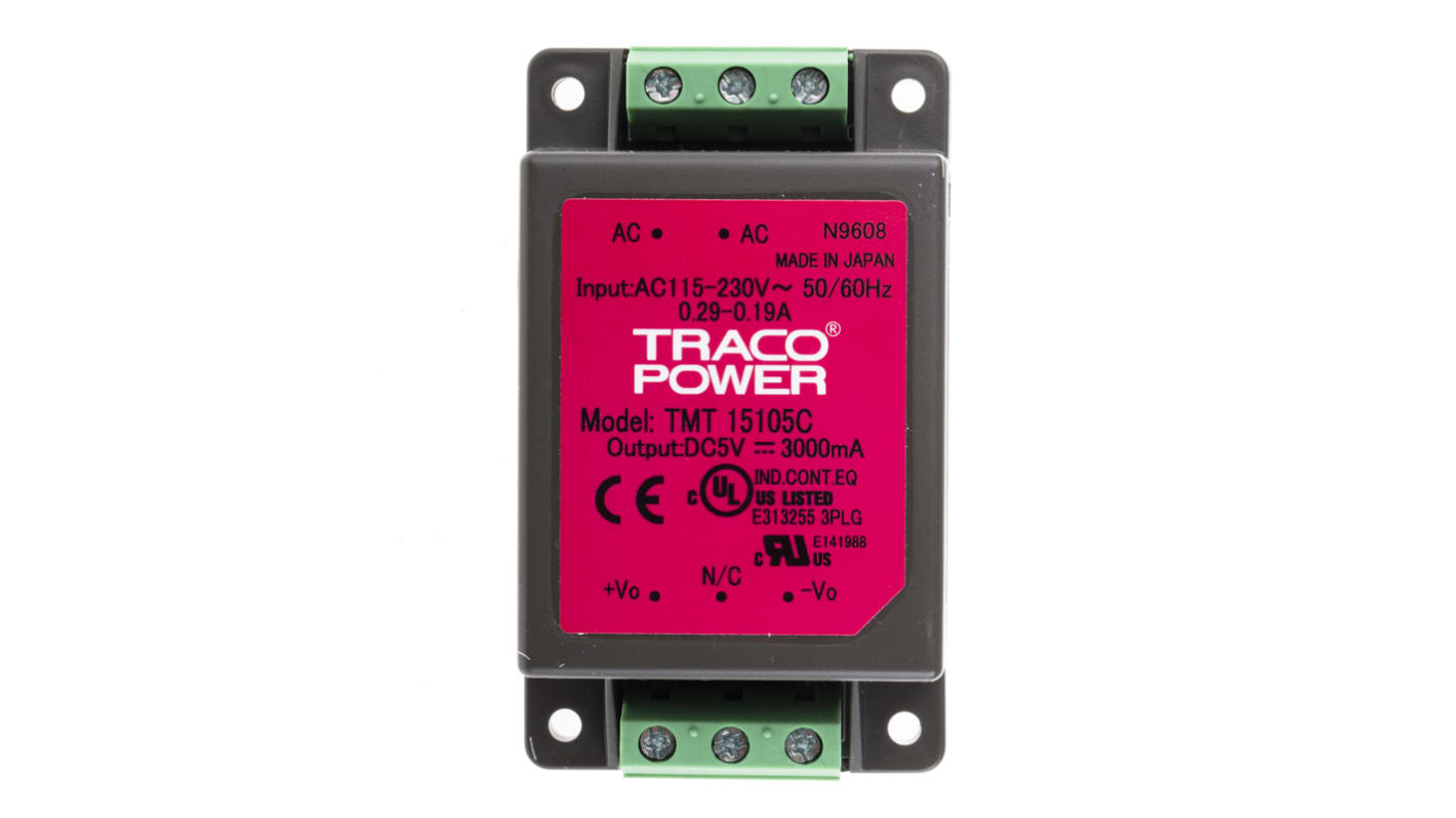 TRACOPOWER Switching Power Supply, TMT 15105C, 5V dc, 3A, 15W, 1 Output, 85 → 264 V ac, 85 → 370 V dc